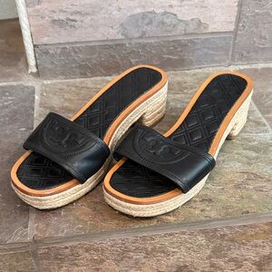 Tory Burch Black and Tan Espadrille Slides size 7.5 - NWOT
